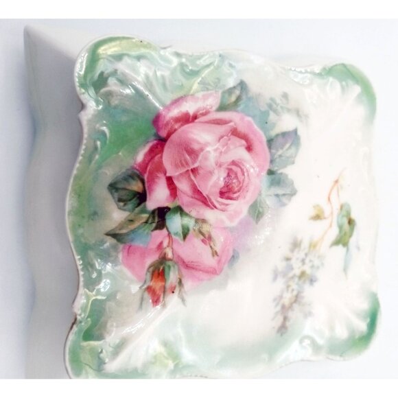 Trinket Box R&S Germany Vintage Pink Roses Green Leaves Jewelry Stamped 5.5 In - Picture 4 of 15